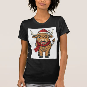 T-shirt Vieux Noël Highland Cow Chapeau de Père Noël Vecto