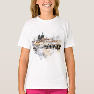 T-shirt Vieux Prague, aquarelle du pont Charles