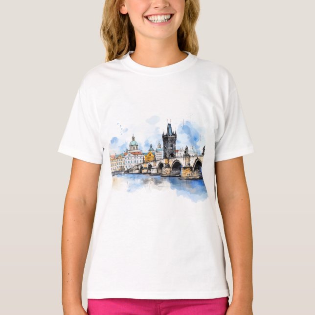 T-shirt Vieux Prague, aquarelle du pont Charles (Devant)