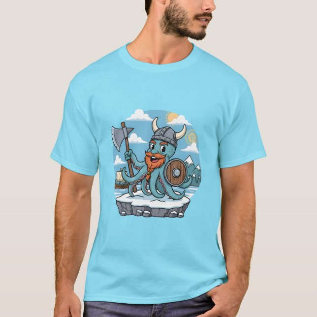 T-shirt Viking Octopus Cartoon Funny Womens | Mens Skyblue (Devant)