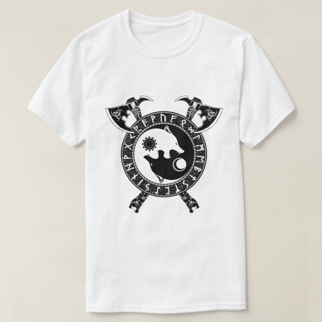 T-shirt Viking Yin Yang Wolf Et Ax (Design devant)