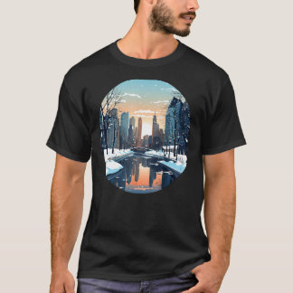 T-shirt Ville hivernale cool avec lac en hiver saison pour