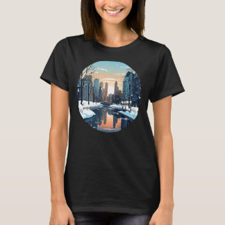 T-shirt Ville hivernale cool avec lac en hiver saison pour