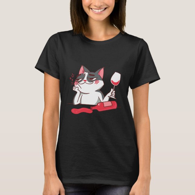 T-shirt Vin Chat Vin Verre Vin Bouteille (Devant)