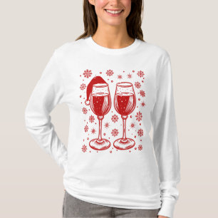 T-shirt Vin Verre Noël Père Noël Chapeau Neige Flakes Funn
