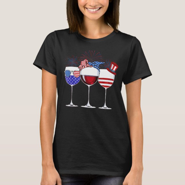 T-shirt Vins Lunettes Drapeau Américain Feu d'Oeuvre Vin 4 (Devant)