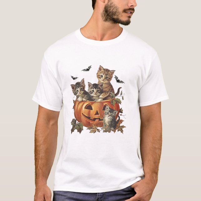T-shirt Vintage 90s Cat Halloween Pumpkin (Devant)