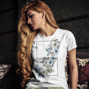 T-shirt Vintage Bleu et gris Fleurs florissantes aquarelle
