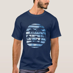 T-shirt vintage bleu rétro avec palmiers sur la plage