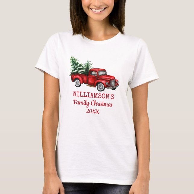 T-shirt Vintage Camion Rouge Famille Noël Femmes (Devant)