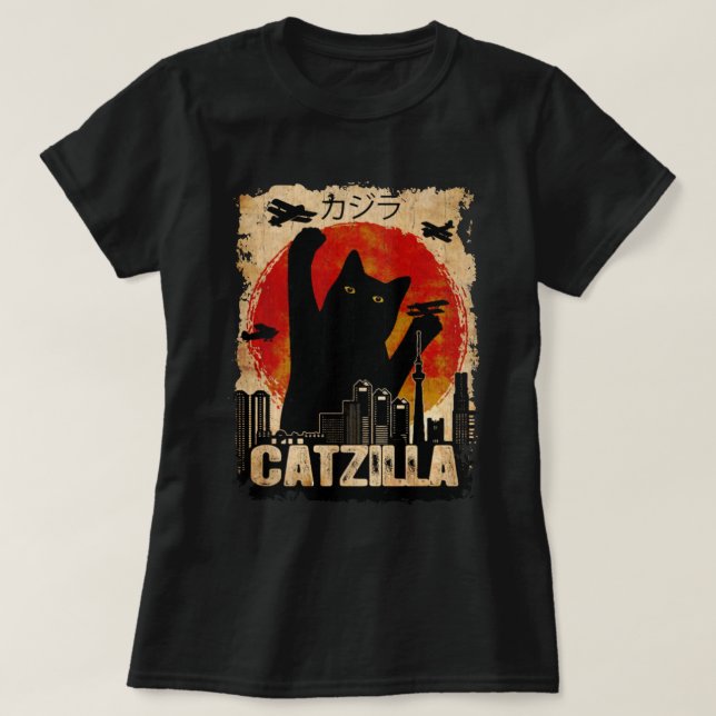 T-shirt Vintage Catzilla Funny Chat noir (Design devant)