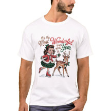 Vintage Christmas Girl & Reindeer Illustration
