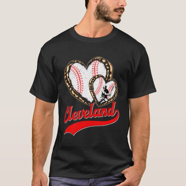 T-shirt Vintage Cleveland Baseball Leopard Heart Baseball (Devant)
