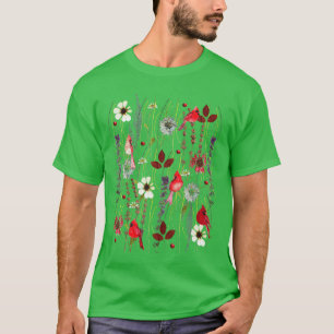 T-shirt Vintage Cottagecore Fleur Sauvage Oiseau Cardinal