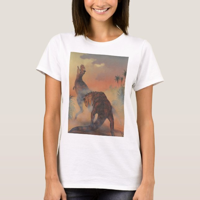 T-shirt Vintage Dinosaurs, Carnotaurus Roaring in Jungle (Devant)