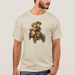 T-shirt vintage enfants souriants en voiture rétro