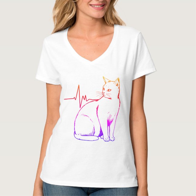 T-shirt Vintage Heartbeat Cat, Minimalist Feline Aesthetic (Devant)
