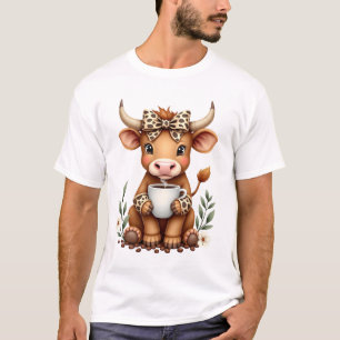 T-shirt Vintage Highland Cow Amateur de Café Aquarelle Mig