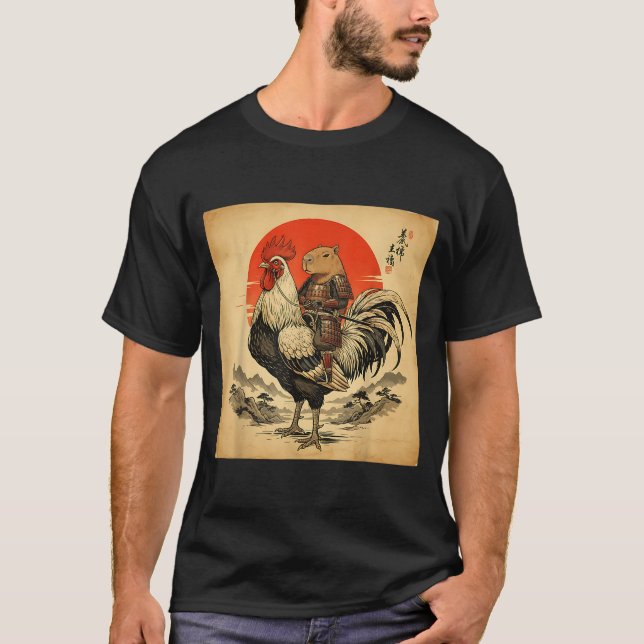 T-shirt Vintage Japanese Samurai Capybara Rooster Chicken  (Devant)