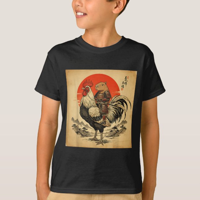 T-shirt Vintage Japanese Samurai Capybara Rooster Chicken  (Devant)