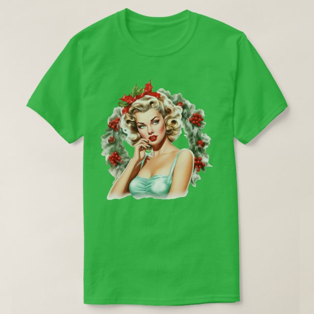 T-shirt Vintage Noël Wreath Blonde Pinup (Design devant)