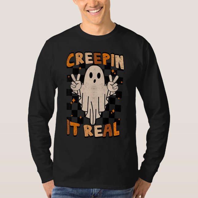 T-shirt Vintage Retro Checkered Spooky Ghost  Halloween (Devant)