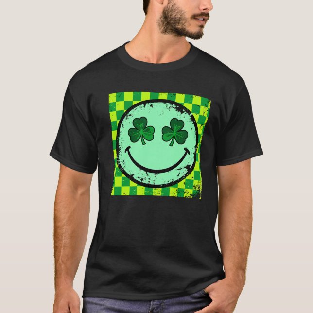 T-shirt Vintage Retro Shamrock Smiley Face Graphic (Devant)