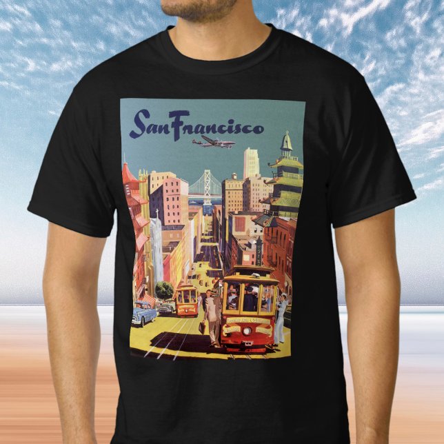T-shirt Vintage San Francisco Cable Cars Travel Poster Art (Vintage Travel Poster featuring San Francisco with Cable Cars T-Shirt)
