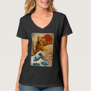 T-shirt Vintage Sunset Japonaise Kitty Chat Grande Vague A