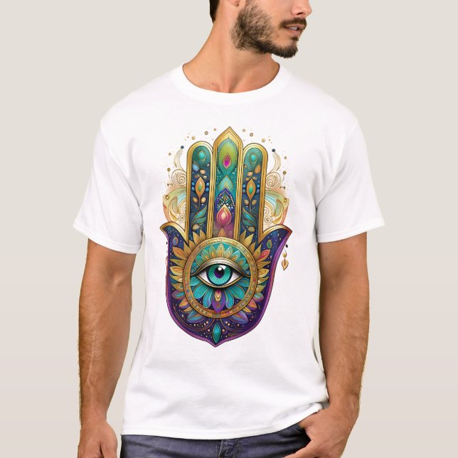 T-shirt Violet Green Gold Petals Hamsa Turquoise Third Eye (Devant)