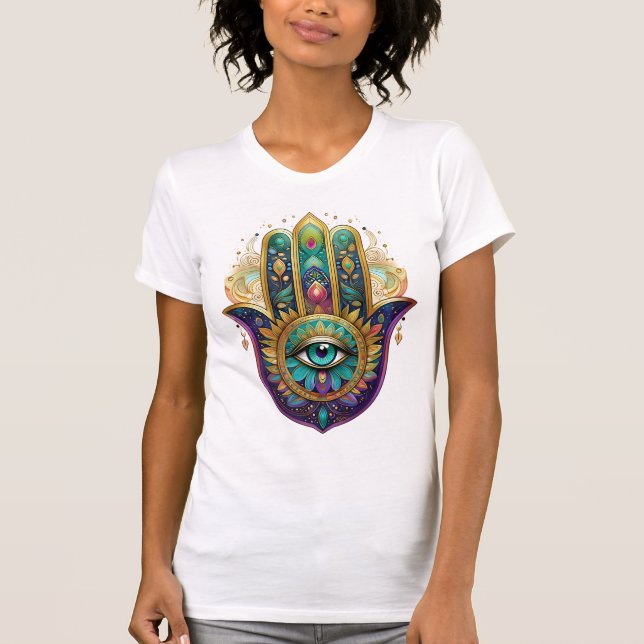 T-shirt Violet Green Gold Petals Hamsa Turquoise Third Eye (Devant)