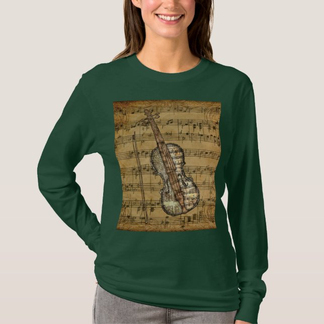 T-shirt Violon Brown de musique de feuille de cru (Devant)