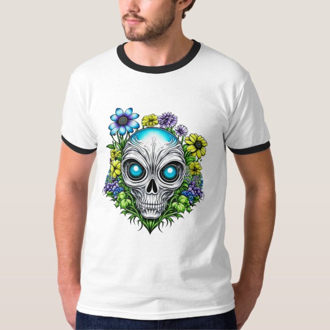 T-shirt Visage Alien et Fleurs Art IA (Devant)