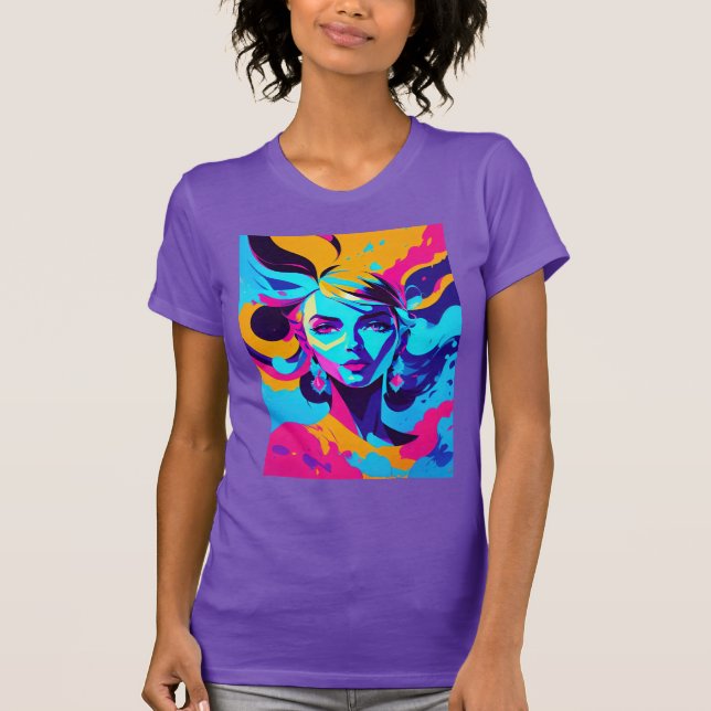 T-shirt Visage d'anime féminin dynamique en bleus vifs (Devant)
