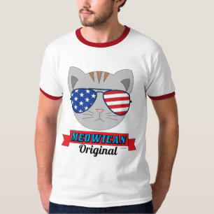 T-shirt Visage de Chat avec Lunettes de Soleil Drapeau Amé
