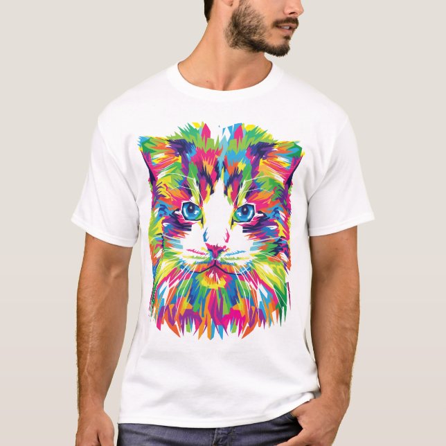 T-shirt Visage de Chat Design Géométrique Prismatique-3245 (Devant)