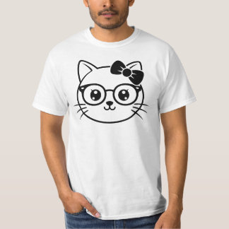 T-shirt Visage de chat mignon et nerd avec lunettes et nœu