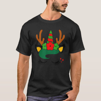 T-shirt Visage de Renne Licorne avec Couronne de Fleurs Mi