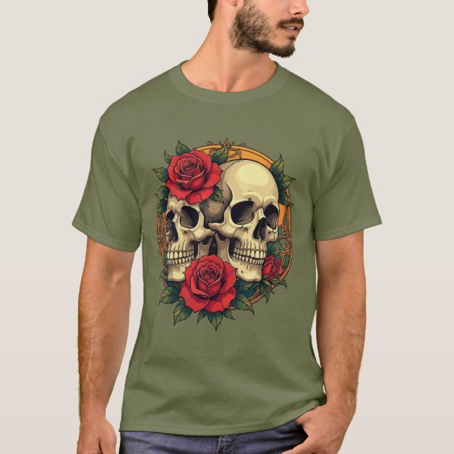 T-shirt Visages de Crânes avec des Roses Rouges (Devant)