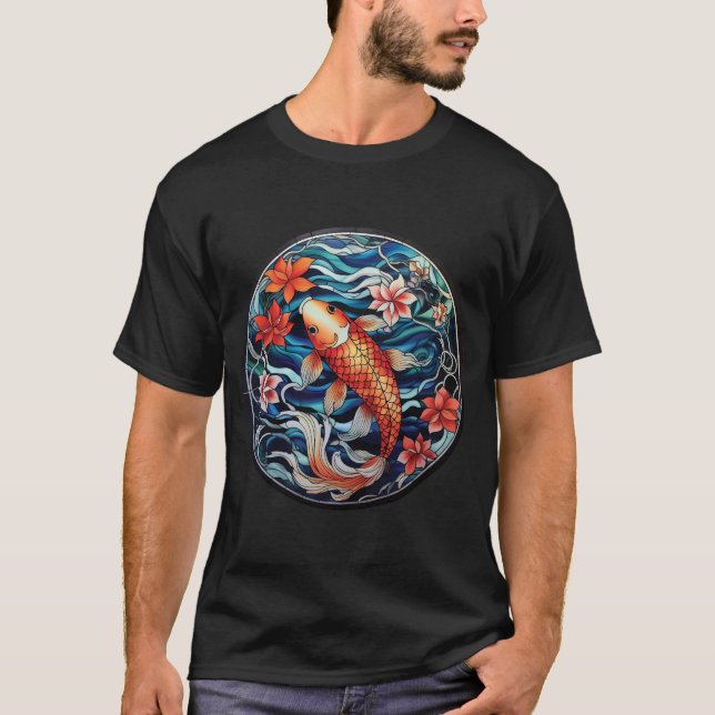 T-shirt Vitrail asiatique style Koi Poisson et Camellias (Devant)