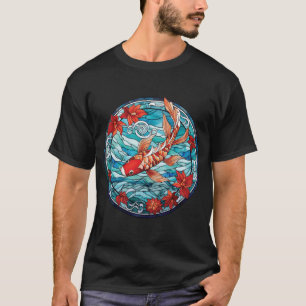 T-shirt Vitrail asiatique style Koi Poisson et Camellias