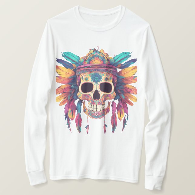T-shirt Vivid Skull & Feathers: Psychedelic Digital Art T (Design devant)