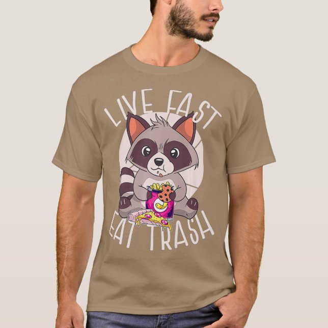 T-shirt VIVRE RAPIDE MANGER TRASH Funky Raccoon Manger Jun (Devant)