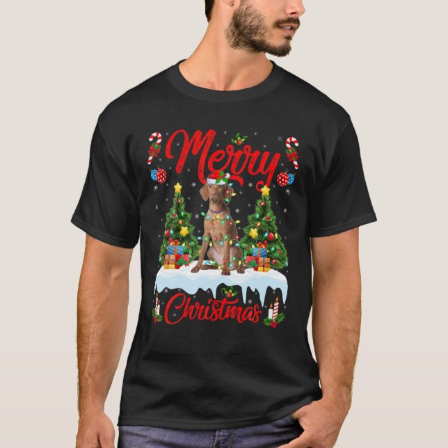 T-shirt Vizsla Amoureux des chiens Éclairage Noël Chapeau  (Devant)