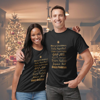 T-shirt Vœux de Noël en paillettes dorées multilingues 