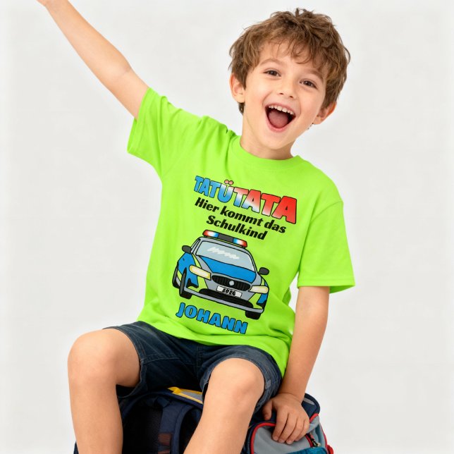 T-shirt Voici l'enfant qui va à l'école - police tatata (T-Shirt zum Schulanfang mit Polizeifahrzeug - Tatütata - Hier kommt das Schulkind "Name")