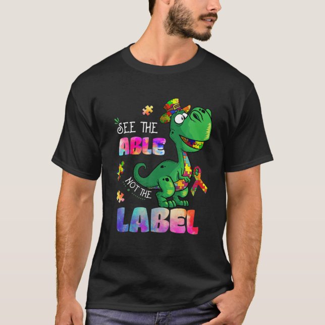 T-shirt Voir La Capacité Pas L'Autisme Étiquette Dinosaure (Devant)