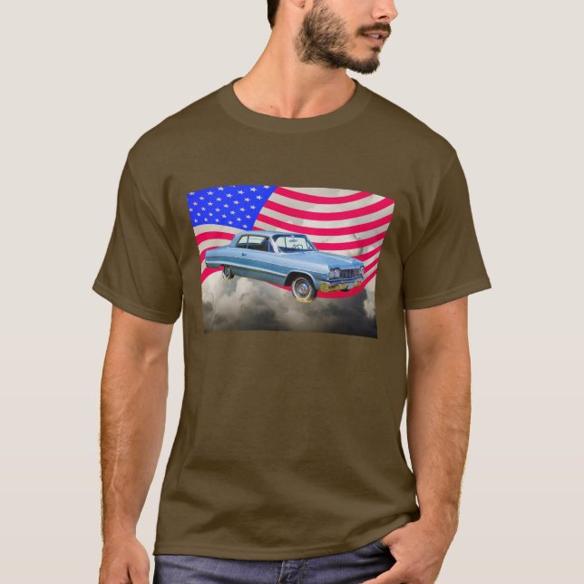 T-shirt Voiture Chevrolet Impala Et Drapeau Américain 1964 (Devant)