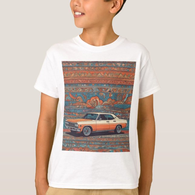 T-shirt Voiture classique avec motif bleu et orange (Devant)