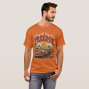 T-shirt Voiture Classique Rouge Rétro Liberté Montagne Cou